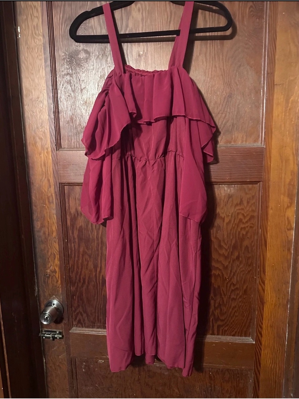 SHEIN Burgundy Ruffled Cold-Shoulder Midi Dress